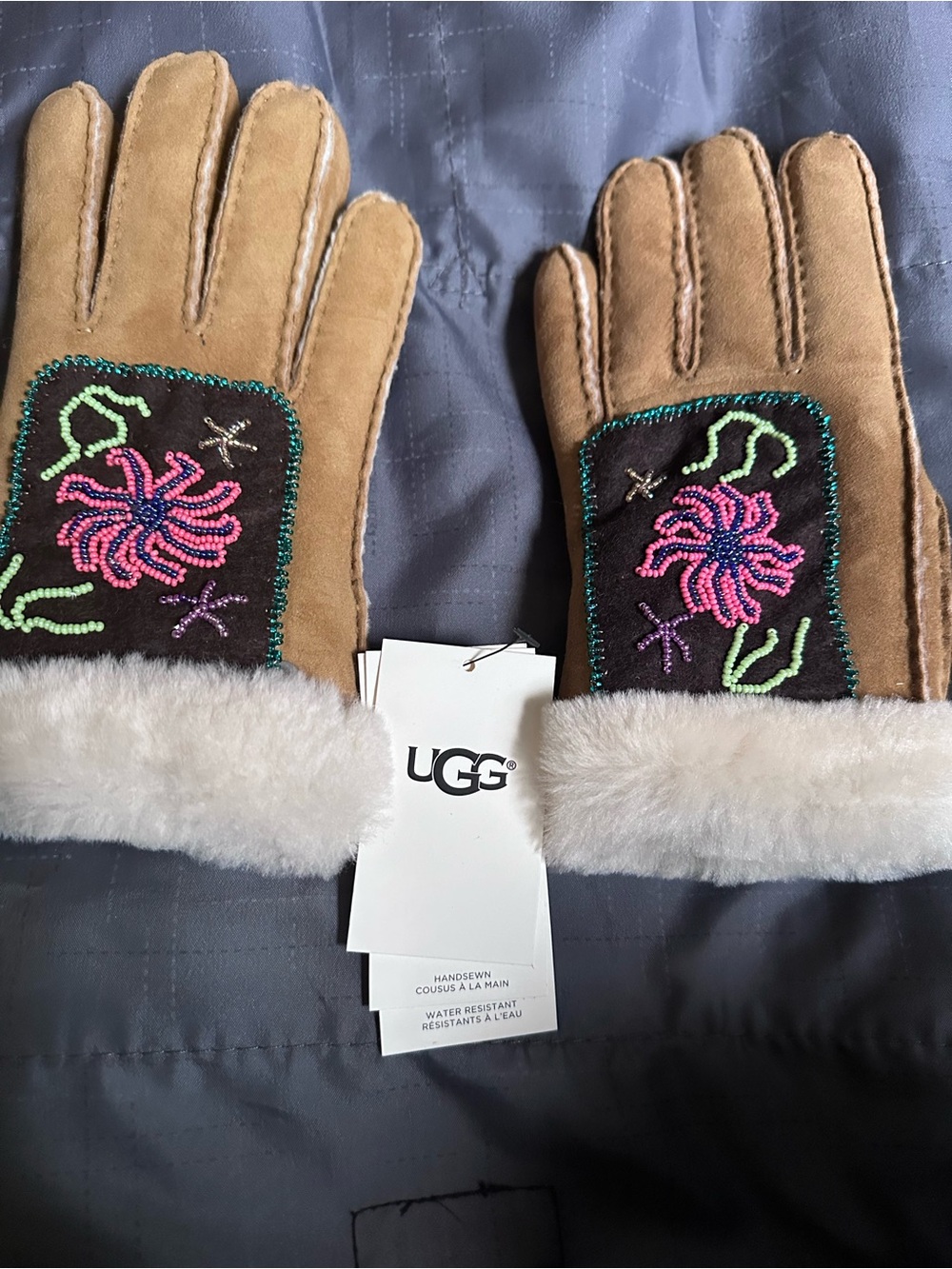 UGG Chestnut Sheepskin Gloves with Pink & Green Embroidery